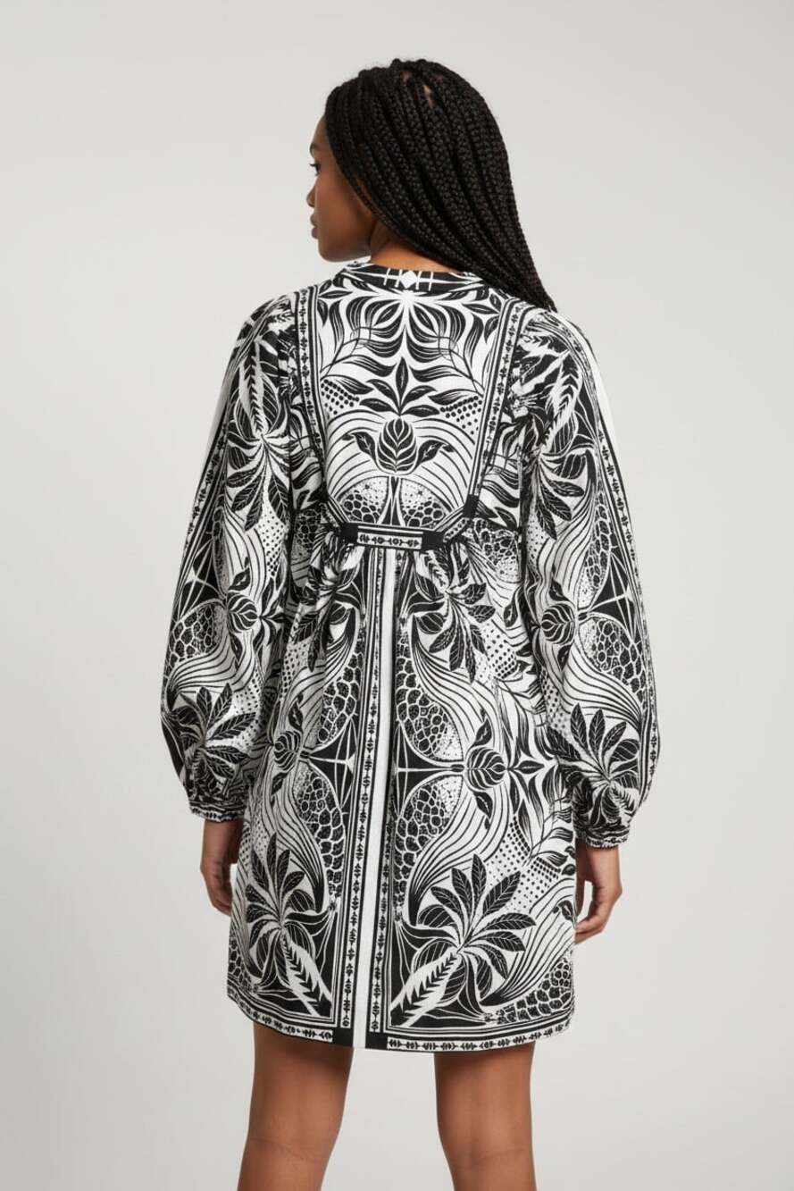 Farm Rio Monochrome Elegance Scarf Print Long Sleeve Linen Blend Dress Sz S NEW - Picture 11 of 11